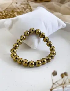 Beauty Gems Round Beads Trending Golden Pyrite Stone Bracelet IGL Tested Original Certified ओरिजिनल गोल्डन पाइराइट स्टोन ब्रेसलेट Strung in Elastic Cord Stretchable Pirate Stone Bracelets for Girls