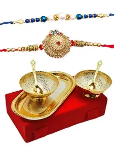 CraftVatika Premium Rakhi Gift Brother | Rakhi for Brother with Gift Silver Gold Plated Bowl Set | Handmade Beads Metal Peacock for Men Boy Bro/Bhaiya/Bhai (2 Rakhi with Double Bowl) (Silver Gold)