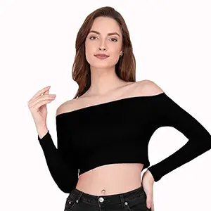 THE BLAZZE 1148 Women's Cotton Basic Sexy Solid Wide Boat Neck Slim Fit Full Sleeve Crop Top T-Shirt for Women (2XL, Black)