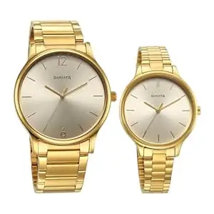 Sonata Pair Quartz Analog Champagne Dial Stainless Steel Strap Watch for Couple_7710587050YM01