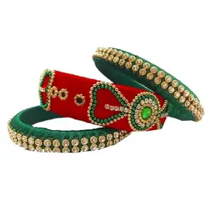 pratthipati's Silk Thread Bangles Plastic with Green Bangle Set For Women & Girls (Red) (Pack of 3) (Size-2/10)