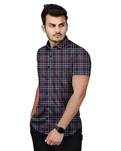 COMBRAIDED Men's Imported Trachable Lycra Regular Fit Half Sleeve Casual Check Shirts (Grey, XL)