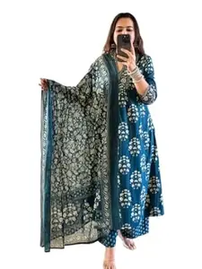 Honesst Ennterprise Women's Cotton Floral Printed Anazrkali Kurti with Pant & Dupatta Set