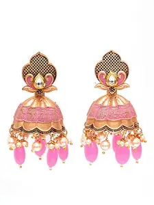 Karatcart Gold Plated Pink Tumble and Golden Pearl Studded Jhumki Earrings for Women