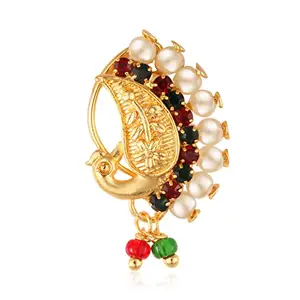 VFJ VIGHNAHARTA FASHION JEWELLERY Vighnaharta Gold Plated with Peals Alloy and CZ stone Non Piercing Maharashtrian Nath Nathiya./ Nose Pin valentine day gift valentineday gift for her gift for him gift for women gift for women [VFJ1085NTH-Press-Multi ]