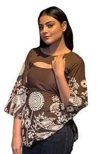 VAAKI Women Cream Safari Print Kurti Top Cotton | Full Sleeve Cut-Out Neck Long Tunic for Casual Wear
