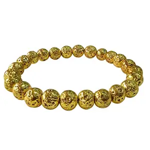 9Dzine Golden Lava Stone Crystal Bracelet for Men & Women (8mm) | Round Beads Elastic Wristband for Unisex Adult | Natural Reiki Feng-Shui Healing Gem Stone Triple Protection Beaded Bracelets