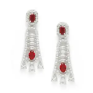 ZENEME Rhodium-Plated American Diamond Studded Classic Contemporary Drop Earrings For Girls and Women (Red)