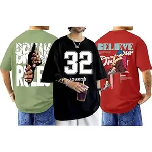 ENCIGER Men's Oversized Cotton T-Shirt Pack | Drop Shoulder Graphic Printed Casual Streetwear Combo | Baggy Hip-Hop Tshirts