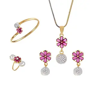 FAST INDIA Brass American Diamond Necklace With Earrings Jewellery Set For Women (Golden)-FAI00060