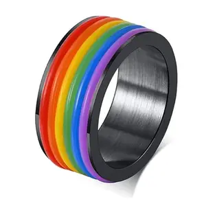 Asma Jewel House Stainless Steel Rainbow Rubber Striped Gay & Lesbian Pride Promise Engagement Wedding Band Ring (Black)