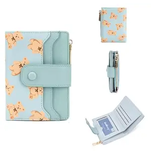 Valerie Cute Wallet for Women, Bear Print Zip Bifold Wallet with Front Card Slot, ID Window, Cash Slot, Short Women Wallet, Elegant Youthful and Cute (Blue)