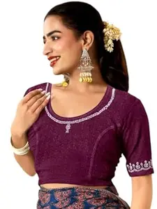 MISS WEARS Women's Regular Fit Readymade Stretchy Elbow Length Embroidered Saree Blouse