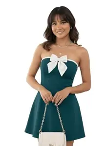 TIVANTE Solid Tube Bow Mini Flare Dress for Women | Bodycon Dress | Off Shoulder Dress | Korean Dress for Women
