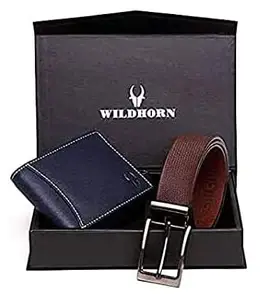 WildHorn Men's Navy Blue Leather Wallet and Belt Combo (Navy Blue)