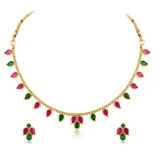 Peora Gold Plated Rani Pink Green Synthetic Stone Studded Necklace Earrings Set Ethnic Jewellery Gift for Women Girls