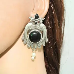Navraee Ethnic Oxidised Silver Plated Brass Peacock Pair With Round Stone Earring-Black