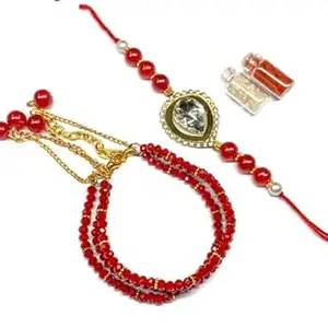 Bhaiya Bhabhi Raksha rakhi Set – Handmade Red Bead Bracelet with Thread and Roli Chawal – by Ragini Creations