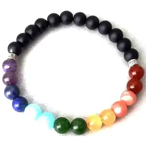 Lady Works Natural 7 Chakra Stone & Matte Onyx 6mm Round Shape Smooth Cut Beads 7 Inch Stretchable Bracelet For Men & Women. Unisex Bracelet For Healing, Meditation, Prosperity & Luck|LW_BRST_00084_7.0
