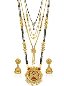 Brado Jewellery Traditional Combo of 4 Gold Plated 30 inch Long and 18 inch Short Mangalsutra/tanmaniya/nallapusalu With 1 Pair of Earrings for women and girls