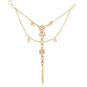 I Jewels Traditional Gold Plated Kundan Pearl Hath Phool/Punja/Adjustable Chain Bracelet with Ring for Women (PIJ011W)