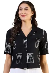WGC Black Colour Rayon Figure Printed Front Button Work Shirt Style Neck 3/4th Sleeve Women Short Top