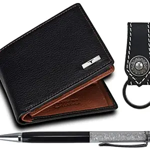 URBAN FOREST Keith Black/Redwood Leather Wallet + Keyring + Pen Combo Gift Set for Men