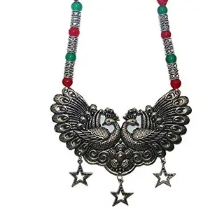 AyA Fashion Designer Oxidized German Silver Peacock Necklace with Red and Green Beads and Thread Work|Trendy Stylish Unique Neck Piece, Office wear