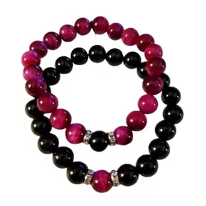 RRJEWELZ Red Tigers Eye & Black Onyx 8mm Round Smooth beads Long Distance Couples Love Friendship Combo Bracelet Set - Couples Relationship 6.5 inch Stretchable Bracelets set|RR_CPBR_255_6.5
