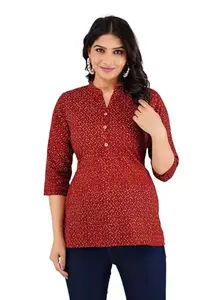 Women’s Red Printed Cotton Kurti Top with Mandarin Collar 3/4 Sleeves and Wooden Buttons Comfortable Ethnic Casual Wear for Office Use