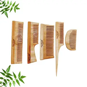 GrowMyHair Neem Wood Comb Anti-Bacterial Anti Dandruff Comb for All Hair Types, Promotes Hair Regrowth, Reduce Hair Fall (Set of 5, Wide & Thin, Broad, Handle, D Shape, Long Tail Comb)