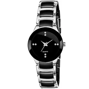 Talgo Analogue Tremedous Round Black Dial Latest Generation Stainless Steel Linked Chain Black and Silver Strap Stylish Wrist Watch for Women and Girls, Pack of 1 - IIKSLWMN