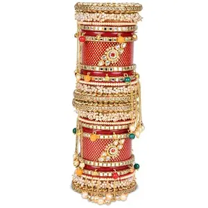 BRIDAL GARNISH "Radiant Red Elegance Bangles Set Chuda with Multicolor Ghunghru Latkan, Ideal for Weddings and Festivities (Style 2, 2.6)