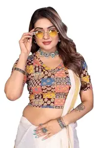 Mogsa Women’s Kalamkari Print Cotton Stretchable V-Neck Readymade Saree Blouse | Soft Cotton Blend | Stretch Fabric | Ready-to-Wear