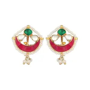 Yinara Ethereal Kundan And Pearl Stud Earrings For Women | Pink Brass Jewelry For Occasions | Subtle Shine And Classic Appeal For Ethnic And Festive Styling | Post And Back Fit
