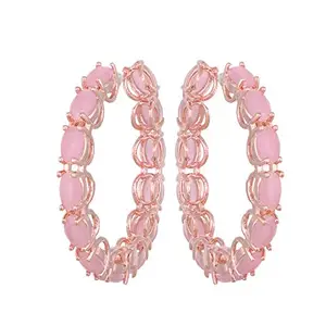 SARAF RS JEWELLERY Beautiful Rose Quartz Studded Hoops Rose Gold Plated Pastel Baby Pink Round Earrings For Women & Girls