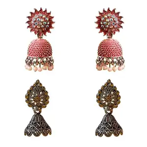 TRINKETS Daisy Delight Metal Jhumki Earrings - Elegant Ethnic Charm for Festive Occasions (Rose Pink + Oxidise)