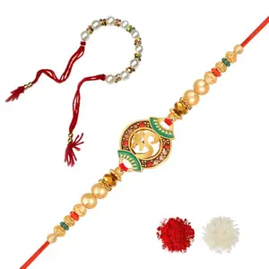 De Marquis Designer Fancy Rakhi for Bhaiya and Bhabhi, Lumba, Roli-Chawal Pack, Greeting Card, Couple Rakhis (RK-02355) 1 Rakhi + 1 Lumba