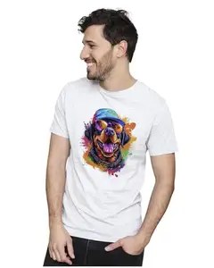 ALLEN BLACK Men's & Women's Regular Fit T-Shirt Happy Rottweiler in Watercolor 100% Cotton Unise T-Shirt White_ROTWEI27-White L Men Round_