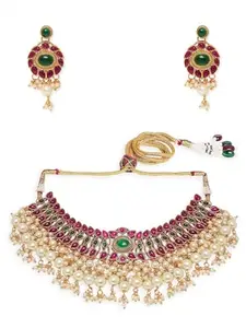 OOMPH Jewellery Red & Green Kundan Beads Jadau Ethnic Choker Necklace Set with Matching Drop Earrings For Women & Girls Stylish Latest (NEDP34_AMR1)