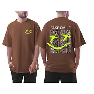 The Modern Soul Men's Oversized Drop Shoulder Printed T Shirt (X-Large, FakeSmile-Coffee)