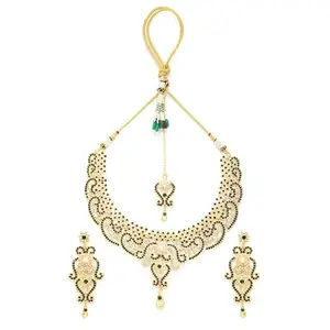 M.D KARAT ART trendy gold plated green & white A1 TIWAN stone necklace jewellery set with earring & mangtika jewellery set for women (SET 0214N)