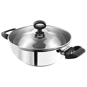 Vinod Stainless Steel Deluxe Kadhai with Glass Lid - 3.8 Litre, 26cm | Extra Thick, SAS Bottom | Soft Handle | Kadai for Cooking | Induction Base | 2 Year Warranty - Silver price in India.