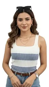 LASOON Women’s Viscose Ribbed Crop Top | Sleeveless Square Neck Stretchable Top | Free Size | Solid & Striped