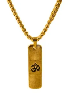 Uniqon Golden Color Unisex Ractangle Flat Bar Dotted Shape Stainless Steel Hindu God Lord Shiva Shankar Mahadev Bolenath Mahakaal Om Chand Symbol Locket Pendant Necklace With Box Chain