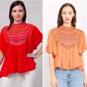 Kaptan Women’s Embroidered Cotton Linen Tops | Short Sleeve | Pack of 2 Red-Orange 9-10 Years