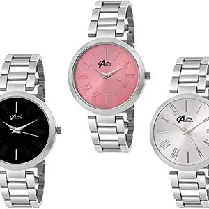 Acnos® Premium Black Pink Silver Dial Analogue Watches Combo for Girl's and Women's Pack of - 3(T-White-Black-Pink)