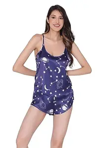 BROIDEN Pajamas Womens Satin Sleepwear Silk Shorts Set Soft Sleep 2 Piece Nightwear Set (Small, Blue Print)
