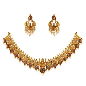 fabula Jewellery Antique Gold Tone Red & Green Stone & Beads Ethnic Temple Jewellery Peacock Choker Necklace Set with Drop Earrings For Women & Girls Stylish Latest (NETO18_AFR1)
