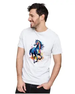 ALLEN BLACK Men's & Women's Regular Fit T-Shirt Watercolor Horse Paint Style Illustration 100% Cotton Unise T-Shirt White_HORSEW18-White S Men Round_